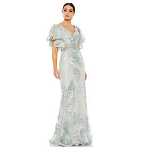 Mac Duggal 67842 Bell Sleeve Floral Seafoam Embellished Gown Dress 16 NWT